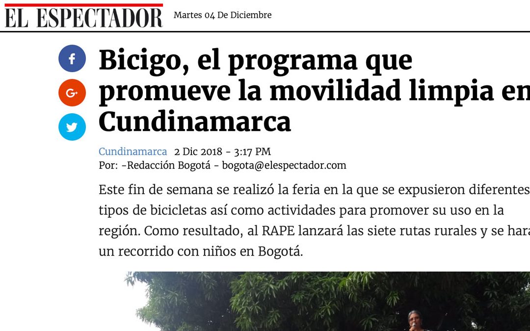 Elespectador.com – 02/12/2018 – Bicigo, el programa que promueve la movilidad limpia en Cundinamarca